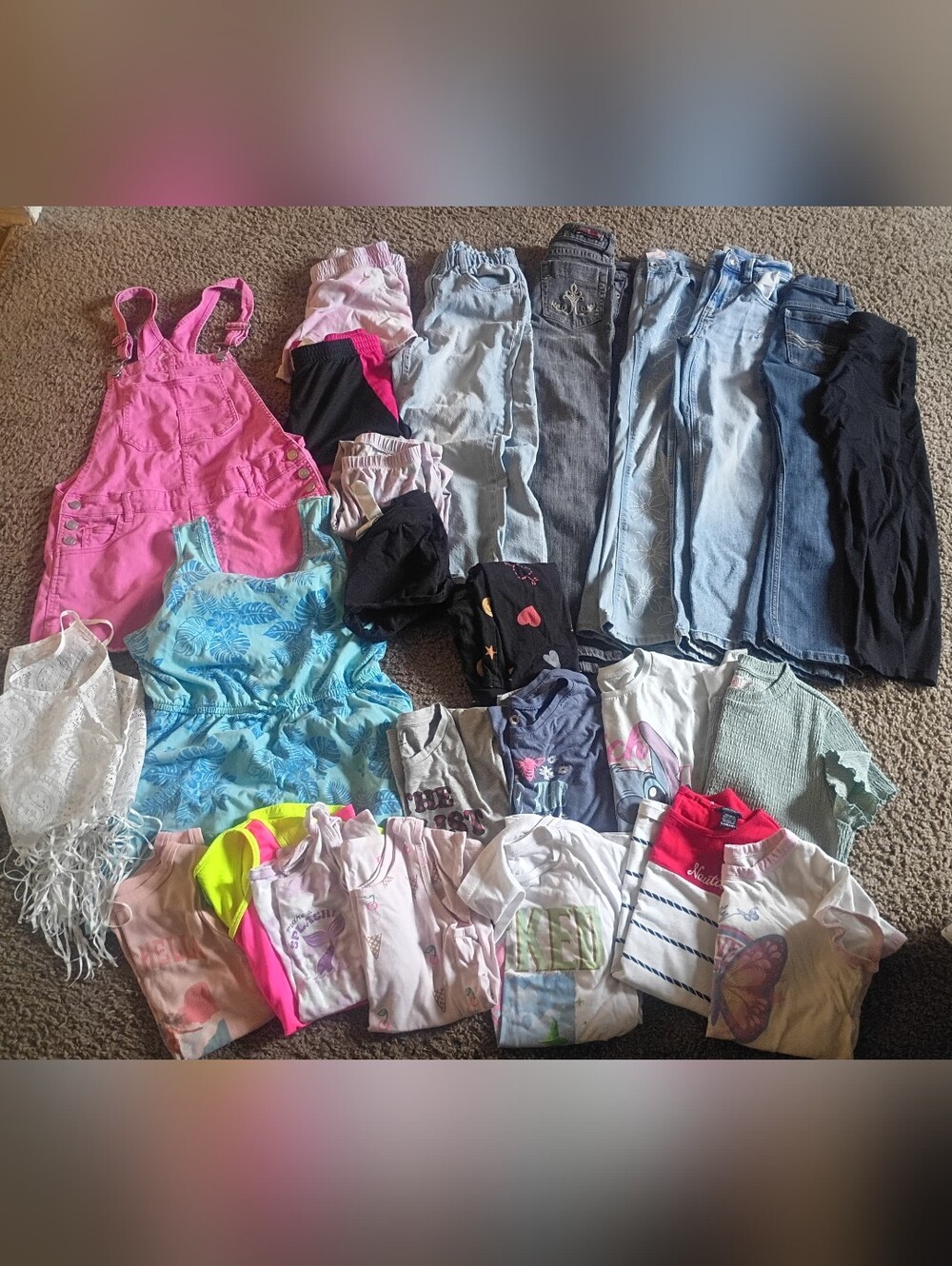 Girls Mixed Clothing Lot with Pink Overall & Blue Leaf Dress